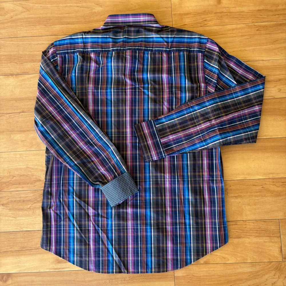 BUGATCHI UOMO Men's Plaid Long‎ Sleeve Button Down Shirt Shaped Fit Blue Purple - Picture 4 of 9